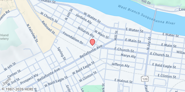 Map showing United Evangelical Lutheran at 104 W Church St, Lock Haven, PA