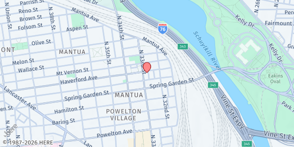 Map showing James L. Wright Recreation Center at 3220 Haverford Avenue, Mantua, PA