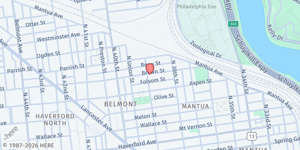 Map showing Mantua Haverford Community Center/Mt. Vernon Manor CDC Food site at 769 North 39th Street, Mantua, PA