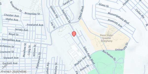 Map showing Pittsburgh Food Bank Distribution - McKeesport at 1960 Eden Park Blvd., McKeesport, PA