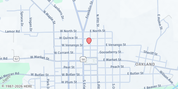 Map showing The Haven of Mercer Food Pantry at 100 W Venango Street, Mercer, PA