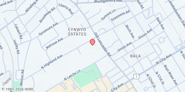 Map showing Adath Israel on the Main Line (Summer Meal Site) at 250 North Highland Avenue, Merion Station, PA