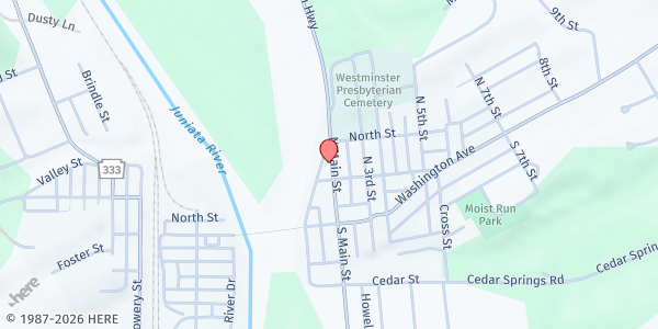 Map showing Juniata County Food Pantry at 114 N Main St, Mifflintown, PA