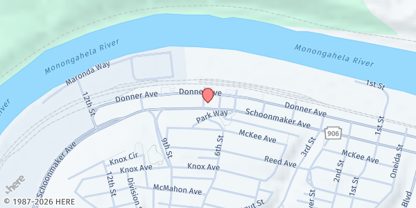 Map showing Schooner Food Pantry at Orchard Christian Fellowship at 721 Schoonmaker Ave., Monessen, PA