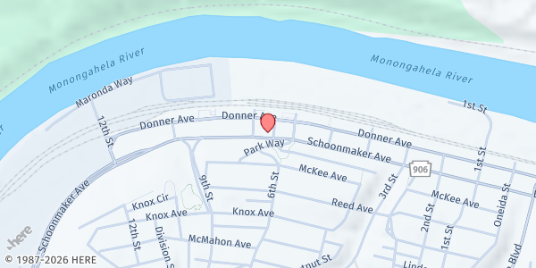 Map showing Schooner Food Pantry at The Orchard Christian Fellowship at 721 Schoonmaker Ave., Monessen, PA