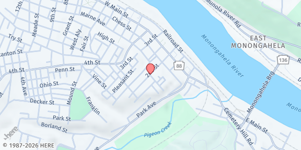 Map showing Monongahela Food Pantry at 430 W. Main St., Monongahela, PA