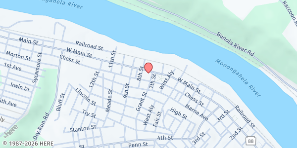Map showing St. Andrew the Apostle Parish - St. Damien of Molokai Church at 722 W. Main St., Monongahela, PA