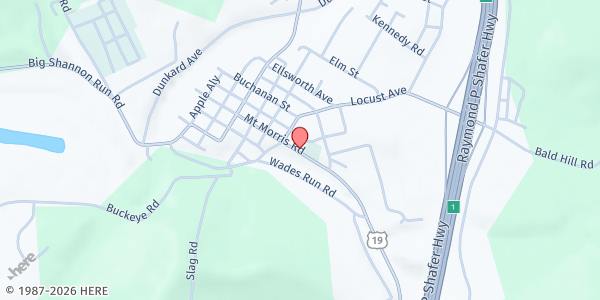 Map showing Whiteley-Perry Township Pantry at 256 Mount Morris Rd., Mt Morris, PA