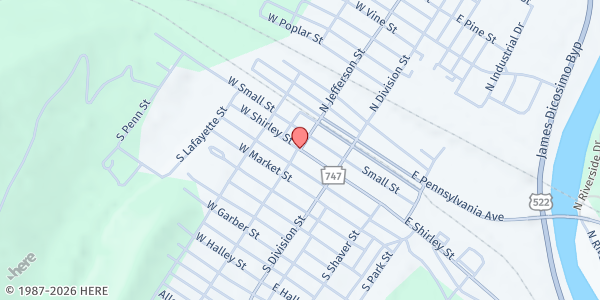 Map showing First UMC - Mt. Union at 15 W. Shirley St., Mt Union, PA