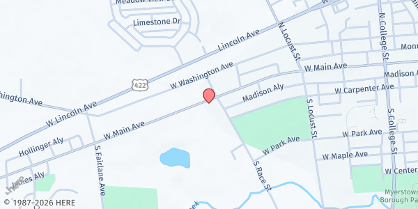 Map showing Myerstown VFW 6076 at 410 W Main Ave, Myerstown, PA