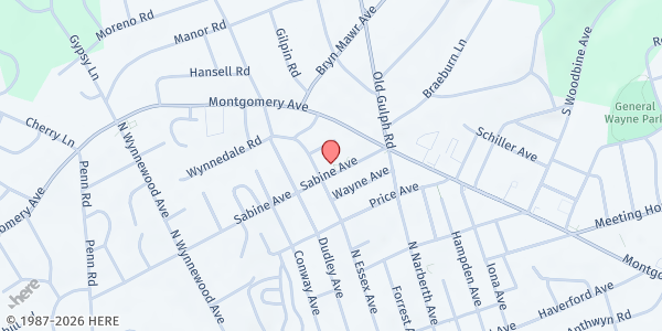 Map showing Narberth Community Food Bank at 201 Sabine Ave., 2Fl., Narberth, PA