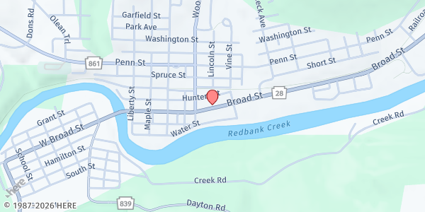 Map showing Redbank Valley Church Association Food Pantry at 441 Broad St, New Bethlehem, PA