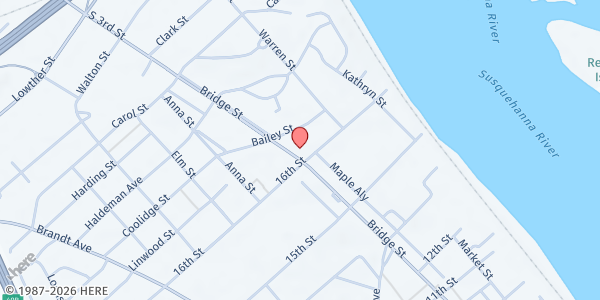 Map showing Faith Community Church of the West Shore at 1601 Bridge St, New Cumberland, PA