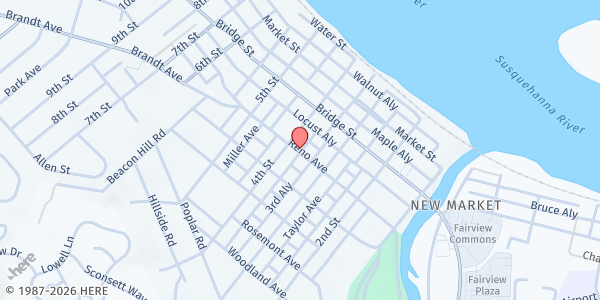 Map showing New Cumberland First Church of God at 323 Reno Ave, New Cumberland, PA