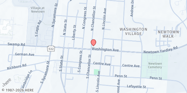 Map showing Newtown Presbyterian Church Food Pantry at 25 North Chancellor Street, Newtown, PA