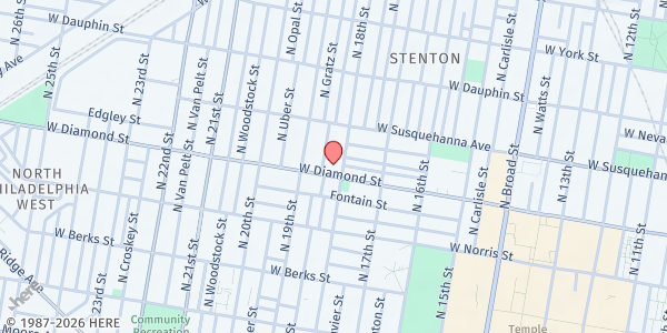Map showing Association of Former Gang Members Food Pantry at 1801 West Diamond Street, North Philadelphia, PA