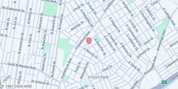 Map showing Bethel Baptist Church of Kensington at 2210 East Susquehanna Avenue, North Philadelphia, PA