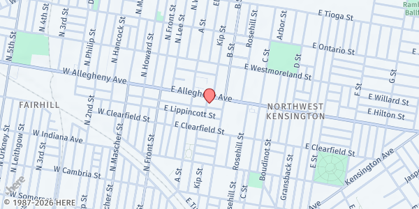 Map showing Bethel Temple Community Bible Church at 228 East Allegheny Avenue, North Philadelphia, PA