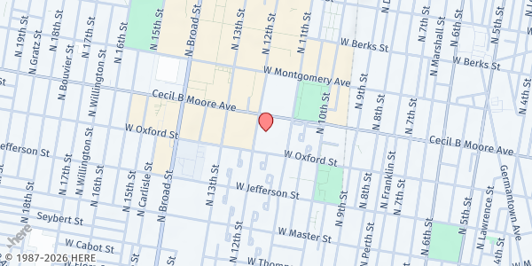 Map showing Bright Hope Baptist Community Kitchen at 1601 North 12th Street, North Philadelphia, PA