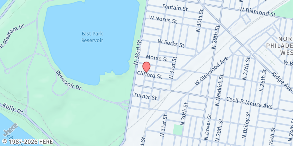 Map showing Brothers of Strawberry Mansion Clifford Street at 3223 Clifford Street, North Philadelphia, PA