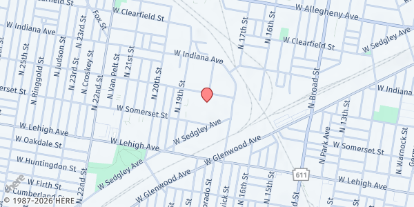 Map showing Cathedral of Faith Baptist Church at 1800 West Cambria Street, North Philadelphia, PA