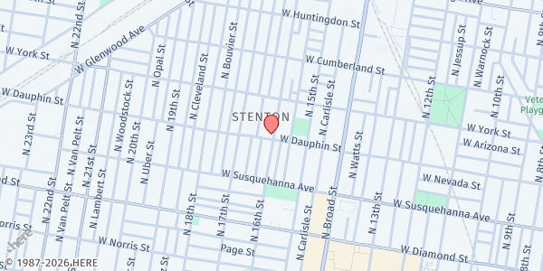 Map showing Church of Our Lord Jesus Christ Ark of Deliverance at 1601 West Dauphin Street, North Philadelphia, PA