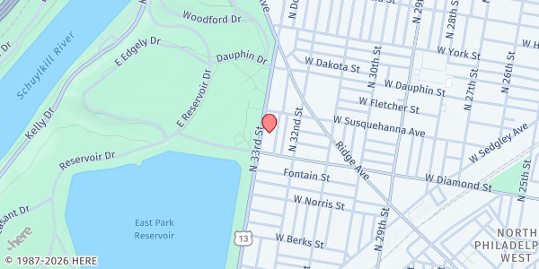 Map showing Cornerstone Baptist Church at 2117 North 33rd Street, North Philadelphia, PA