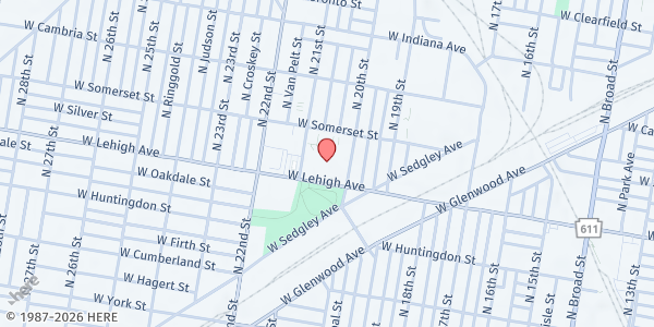 Map showing Deliverance Evangelistic Church Emergency Food Pantry at 2001 West Lehigh Avenue, North Philadelphia, PA