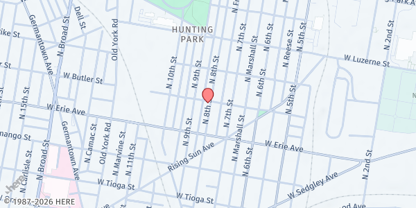Map showing Eighth Street Community Church - North Philadelphia at 3760 North 8th Street, North Philadelphia, PA