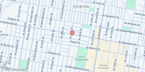 Map showing Epiphany Fellowship Church Community Fridge at 1632 West Diamond Street, North Philadelphia, PA