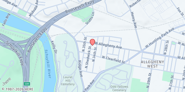 Map showing Faithful Temple Evangelistic Deliverance Church at 3416 West Allegheny Avenue, North Philadelphia, PA