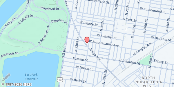 Map showing First Church of Love and Deliverance at 3101 Ridge Avenue, North Philadelphia, PA