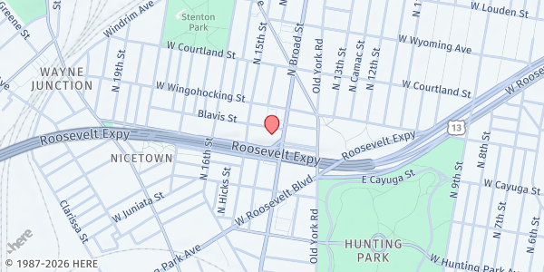 Map showing First Redemption Evangelical Church at 4400 North Broad Street, North Philadelphia, PA