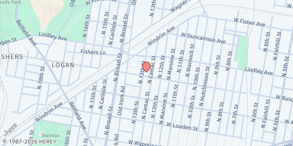 Map showing Friendly Baptist Church at 1215 West Ruscomb Street, North Philadelphia, PA