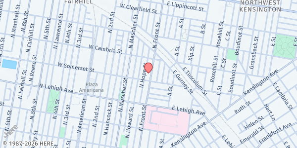 Map showing Front Street Community Church Food Pantry/ God's Storehouse at 2812 North Front Street, North Philadelphia, PA