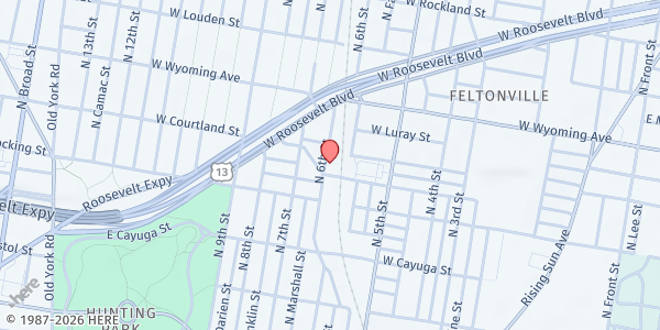 Map showing Garden of Prayer Church of God in Christ at 555 West Annsbury Street, North Philadelphia, PA