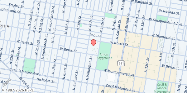 Map showing George Washington Carver High School of Engineering and Science at 1600 West Norris Street, North Philadelphia, PA