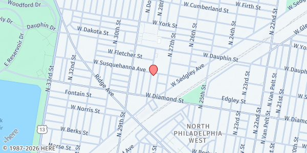 Map showing Gibson Temple Baptist Church at 2159 North 28th Street, North Philadelphia, PA