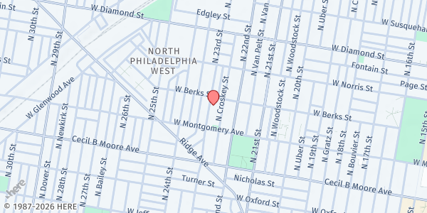 Map showing Helen Brown Community Center at 1845 North 23rd Street, North Philadelphia, PA