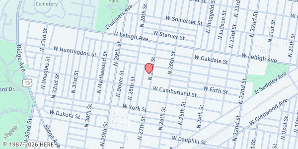 Map showing IAN-YAE'S IN TOUCH Miracle on 27th Street Distribution Site at 2524-26 North 27th Street, North Philadelphia, PA