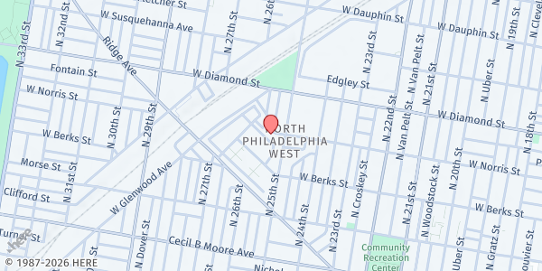 Map showing Johnson Homes Tenant Counsel Food Pantry at 2500 West Norris Street, North Philadelphia, PA