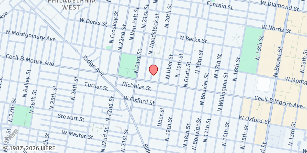 Map showing Liberty House Food Pantry at 1701 North Woodstock Street, North Philadelphia, PA