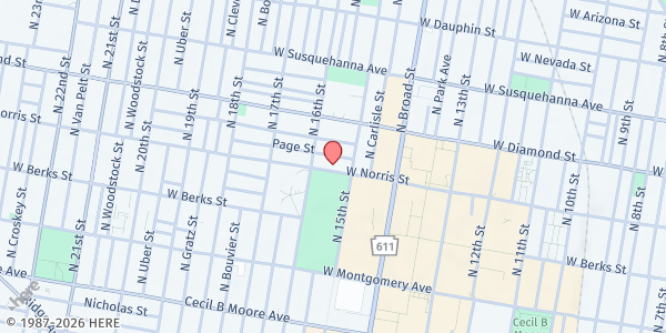 Map showing Little Africa Plus Community Outreach at 1521 West Norris Street, North Philadelphia, PA
