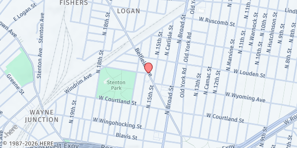 Map showing Living Vine Apostolic Faith Church at 1520 Belfield Avenue, North Philadelphia, PA