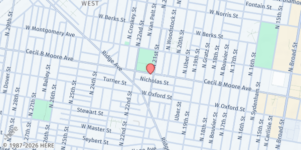 Map showing M.L. King Recreation Center - Adult Center at 2100 Cecil B. Moore Ave., North Philadelphia, PA