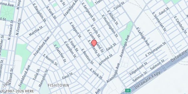 Map showing Mama-Tee.com Community Fridge- Alchemy Hair Lab at 2401 East Letterly Street, North Philadelphia, PA