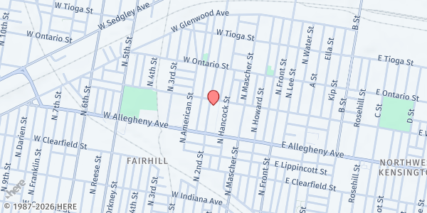 Map showing Mama-Tee.com Community Fridge at Caribe Towers at 3231 North 2nd Street, North Philadelphia, PA