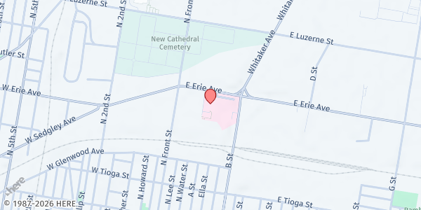 Map showing Mama-Tee.com Community Fridge at St. Chris Hospital For Children at 160 East Erie Avenue, North Philadelphia, PA