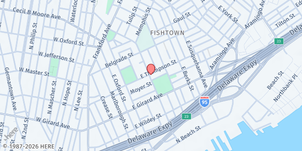 Map showing Mama-Tee.com Community Fridge- Castellion's Italian Market at 1255 East Palmer Street, North Philadelphia, PA