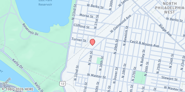 Map showing Mama-Tee.com Community Fridge- Community Partnership School at 3033 West Glenwood Avenue, North Philadelphia, PA